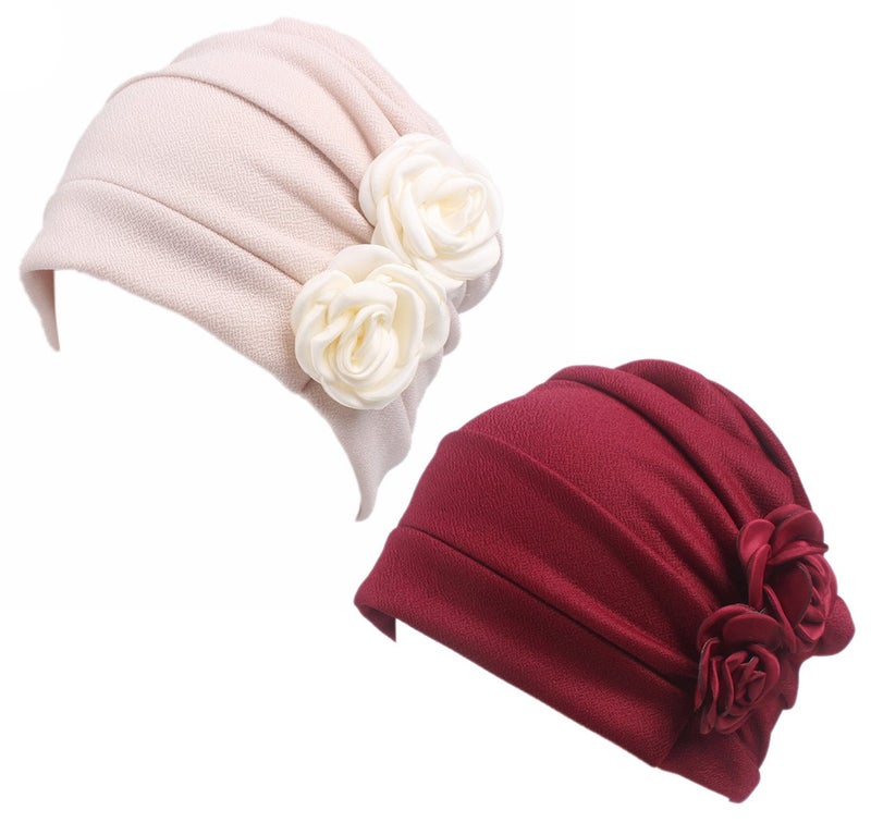 HONENNA Ruffle Chemo Turban Headband Scarf Beanie Cap Hat for Cancer Patient (Beige+Wine) - Image 1